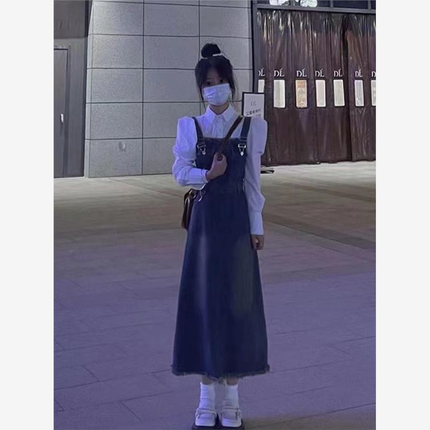新款韩系复古做旧气质牛仔背带连衣裙女学生+泡泡袖衬衫两件套装