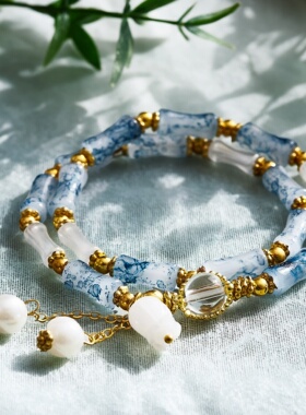 烟蓝色中式手串国风竹节铃兰花