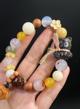 12MM天然水草玛瑙搭配小熊黄杨木小花布丁狗跑环单圈手链手链手串