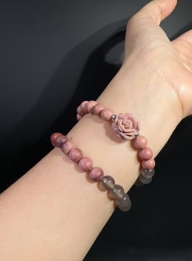 8MM天然血柏木搭配天然烟灰玛瑙玫瑰花手链手串手工男女佛珠文玩