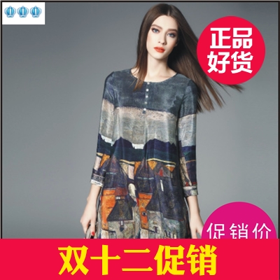 月光石月光石春装新款女装2016复古印花宽松七分袖真丝连衣裙R649