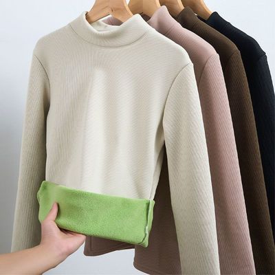 加绒打底衫女半高领螺纹加厚内搭防寒衣2025新款冬季黑色保暖上衣