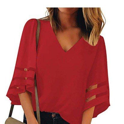 2025ebay亚马逊欧美大码网纱拼接女士V领网状喇叭袖宽松上衣现货