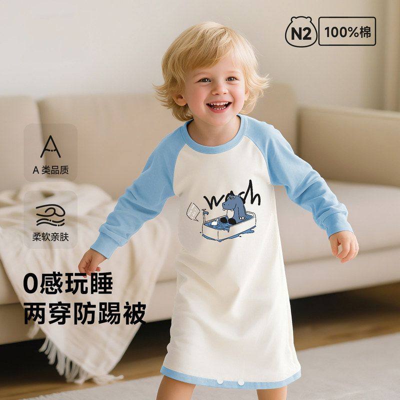 婴儿睡裙防踢春秋男女儿童睡衣连体衣纯棉长袖秋季宝宝睡袍家居服