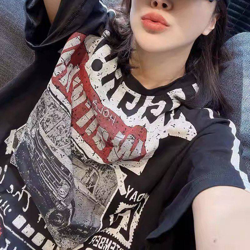大码2-300斤胖mm韩版破烂字母印花显瘦洋气百搭短袖T恤女潮宽松型
