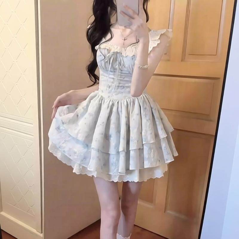 樱织花翎小飞袖温柔碎花连衣裙女夏日绝美公主蛋糕裙收腰蓬蓬裙子