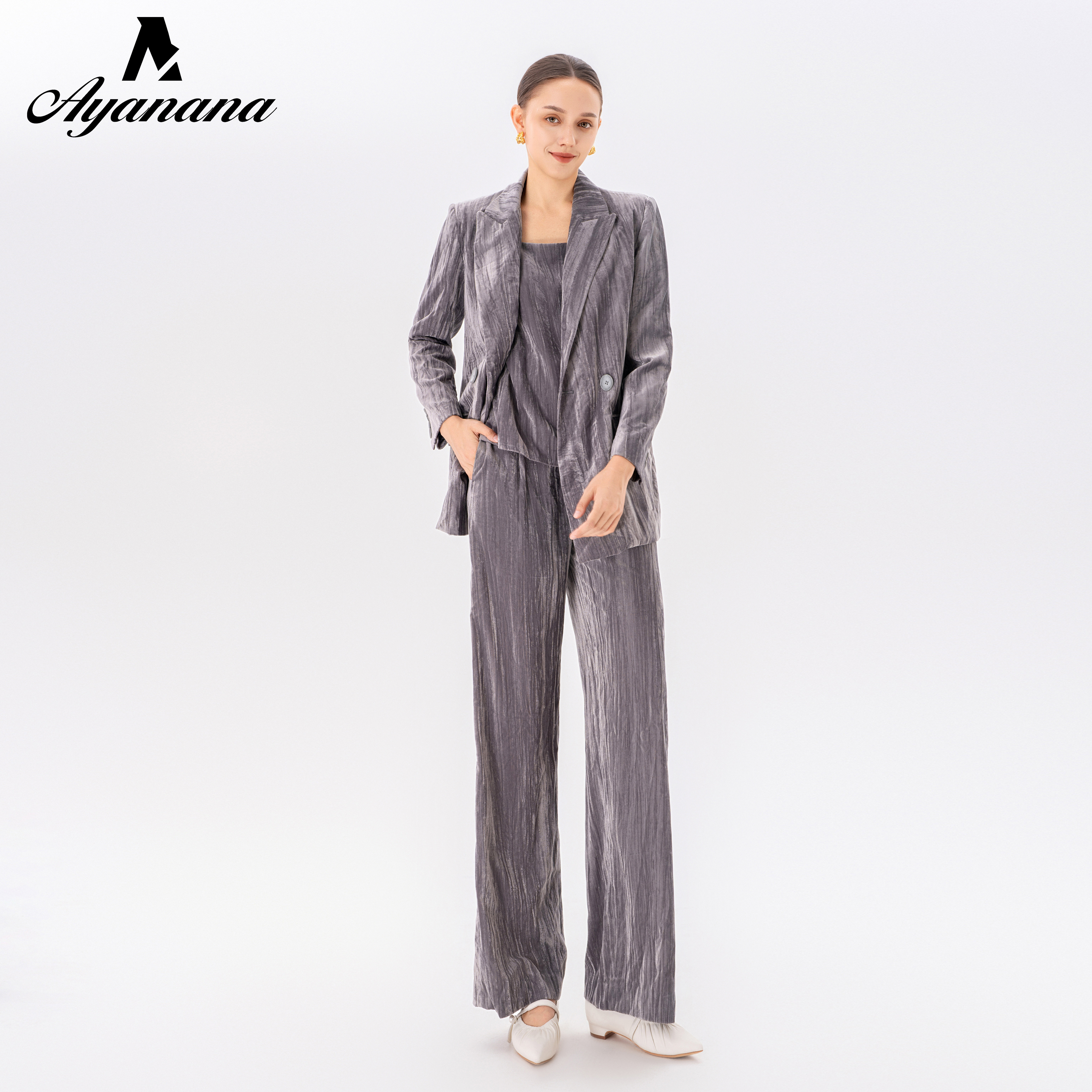 Ayanana春秋丝绒褶皱西服套装