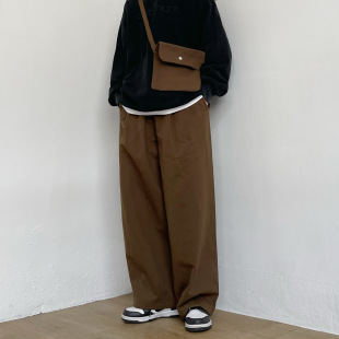 男女潮ins 长裤 100%纯棉日系复古纯色百搭休闲裤 宽松直筒阔腿工装