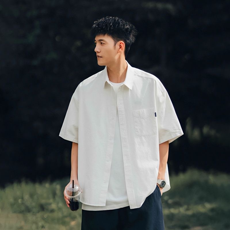 日系叠穿纯色短袖衬衫男女夏季新款Cityboy简约休闲白色工装衬衣