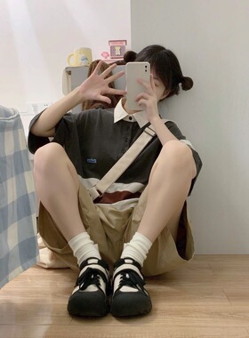 卡其色工装短裤ins潮日系五分裤子女夏薄款阔腿高腰运动休闲中裤