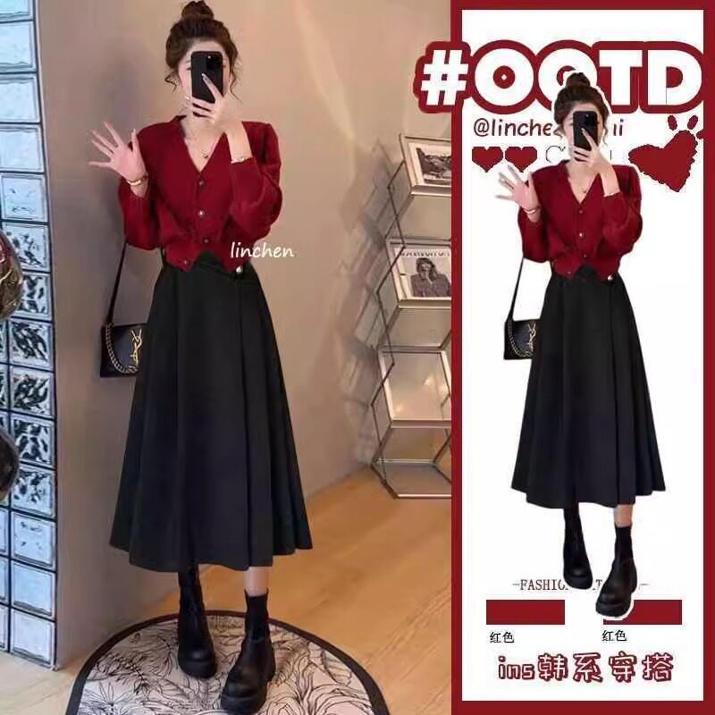 春季韩系穿搭女新款小香风红色遮肚藏肉外套显瘦半身裙两件套装潮