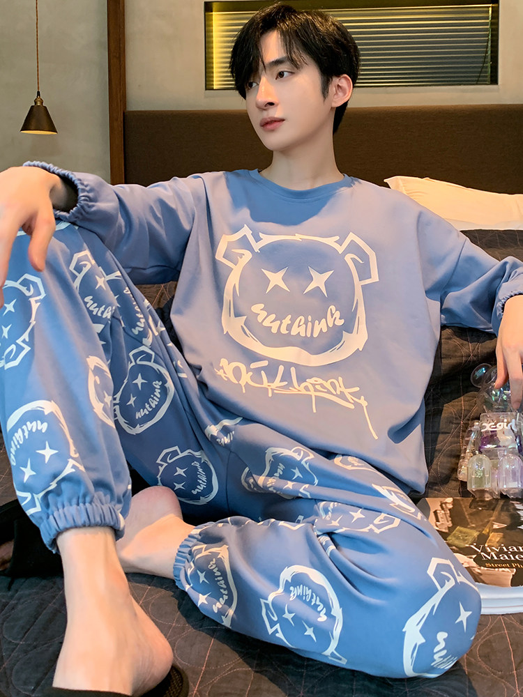 男士睡衣长袖纯棉春秋大码青少年学生大童男款四季通用家居服套装