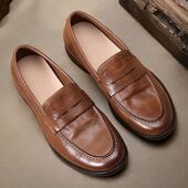 英伦复古固特异马皮植鞣做旧一脚蹬便士乐福鞋 男手工商务休闲皮鞋