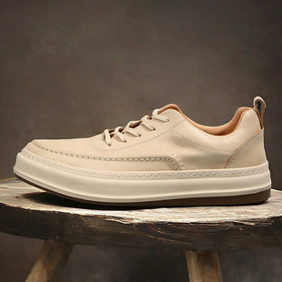 英伦复古微脏做旧牛皮水洗植鞣小白鞋男士厚底固特异手工休闲板鞋