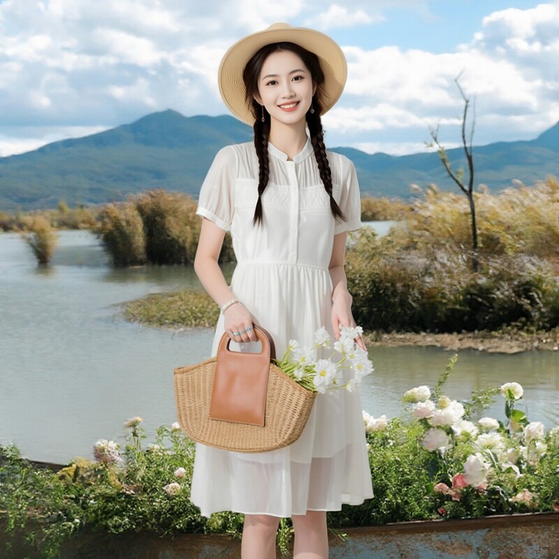 乔妮塔法式小众茶歇裙白色连衣裙