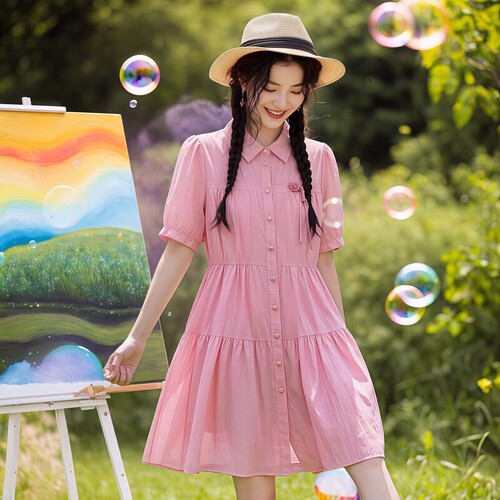 夏短袖宽松天丝粉红色衬衫连衣裙