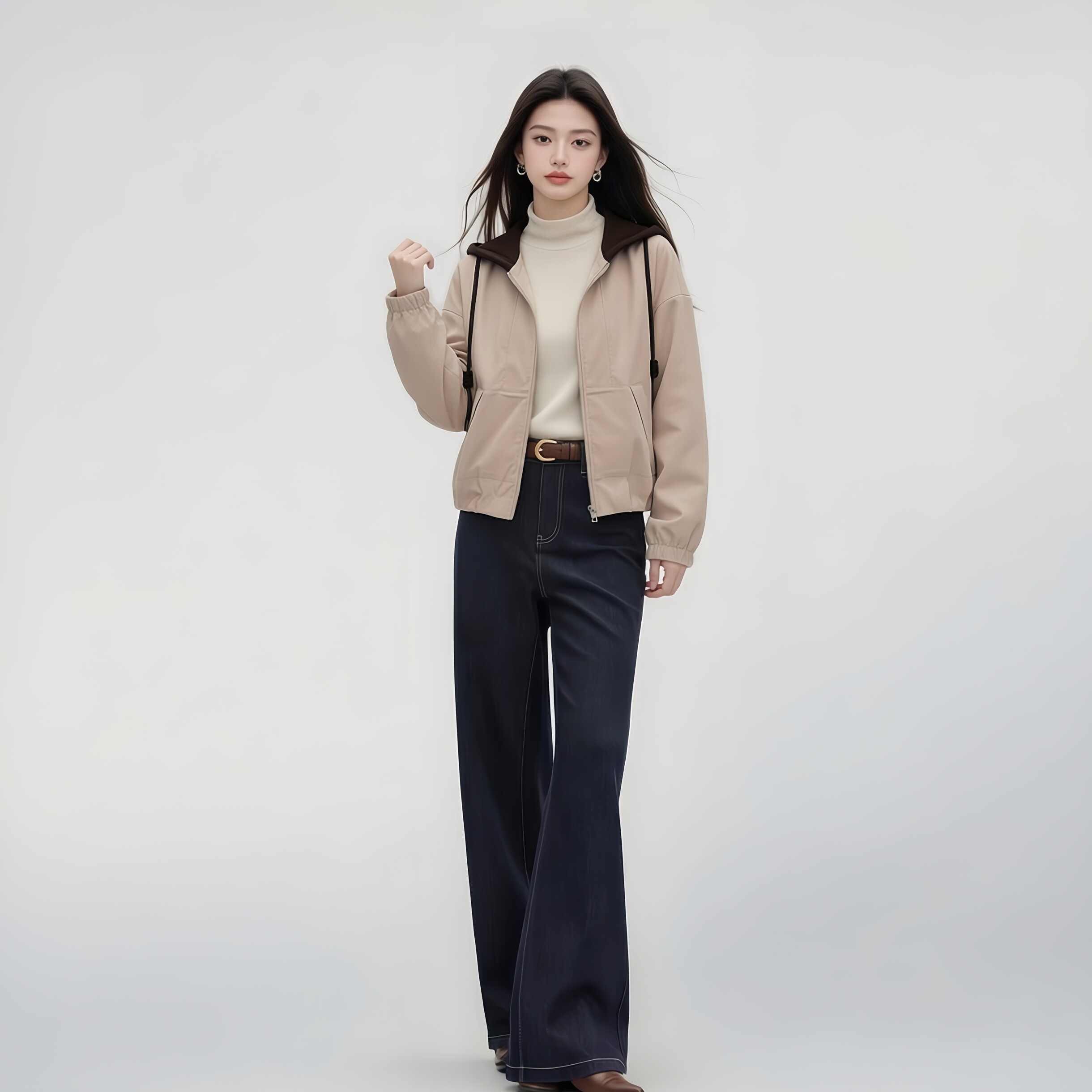 乔妮塔品牌女装2026春秋新品小个子长袖短款连帽拉链休闲上衣外套