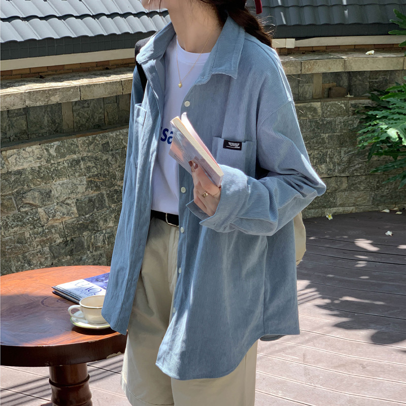 百思朵盐系雾女港风淡蓝色衬衫