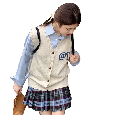 学院风V领马甲针织衫学院风复古