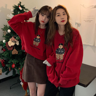 百思朵2026季闺蜜装圣诞节红色卫衣少女小熊刺绣高腰短款上衣潮