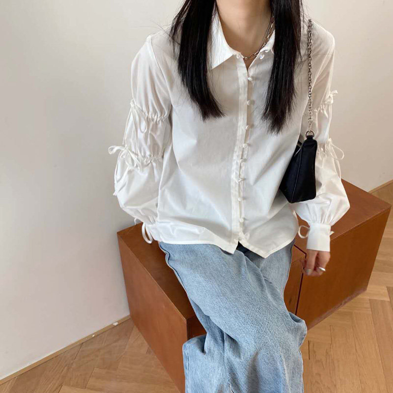 百思朵绑带设计感天蓝色奶油蓝衬衫女复古气质宽松灯笼袖衬衣潮女