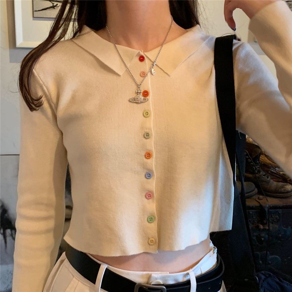 秋季奶杏色针织衫彩色纽扣修身高腰泫雅上衣短款露脐薄款开衫外套图片