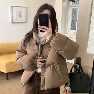 2025冬季复古绿色加厚保暖羽绒服女款短款立领小个子面包服短外套