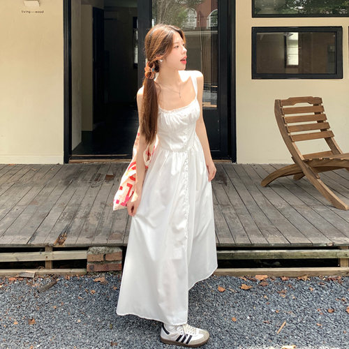 赫本风白裙蕾丝拼接连衣裙背心裙