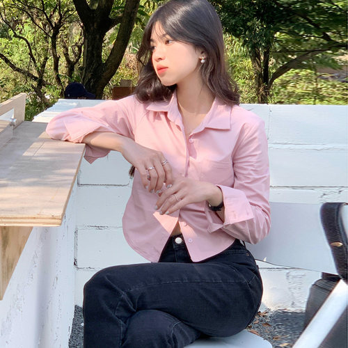 温柔甜美蜜桃粉色衬衫女别致短款小个子高级感叠穿小众设计感上衣 - 封面