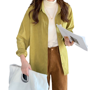 2025秋冬新款长袖复古芥末绿色衬衫外套灯芯绒牛油果绿小众设计感