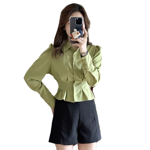 春秋多巴胺穿搭牛油果绿色衬衫女芥末绿衬衣短款收腰显瘦长袖上衣