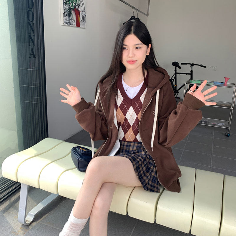 秋美拉德色咖色卫衣外套女棕色复古加绒加厚银狐绒美式拉链休闲