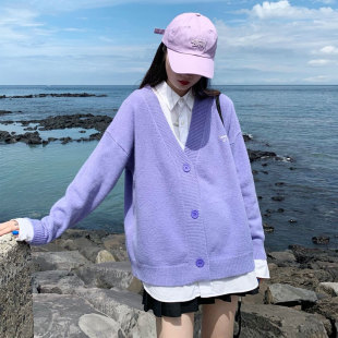 针织衫 秋甜美多巴胺穿搭日系奶油紫色开衫 加厚毛衣外套V领软糯