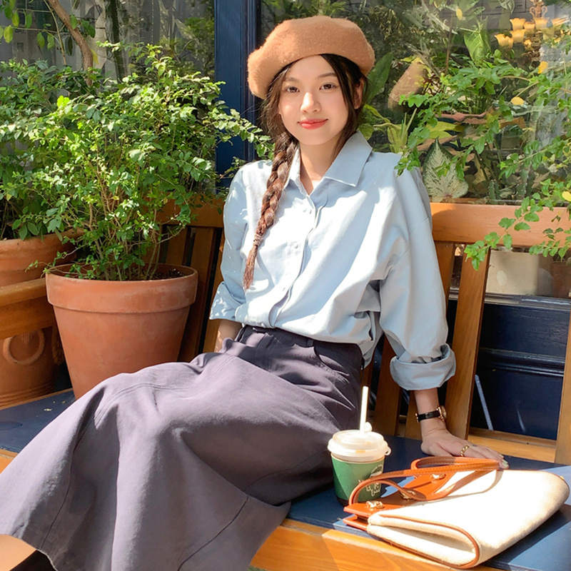 秋季奶蓝色衬衫外套女潮长袖纯棉高级感慵懒风雾霾蓝上衣开衫外搭