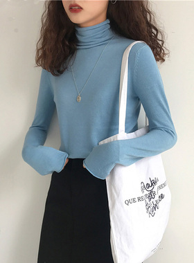 软奶蓝毛衣女高领内搭雾霾蓝色上衣修身打底衫兔绒淡蓝色针织衫潮