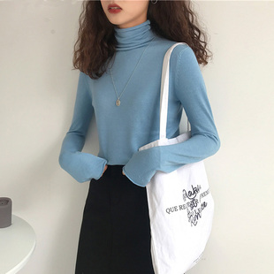 潮 兔绒淡蓝色针织衫 软奶蓝毛衣女高领内搭雾霾蓝色上衣修身 打底衫