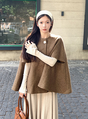 冬季复古老钱风毛呢外套斗篷军绿色短外套收腰连衣裙长裙两件套装