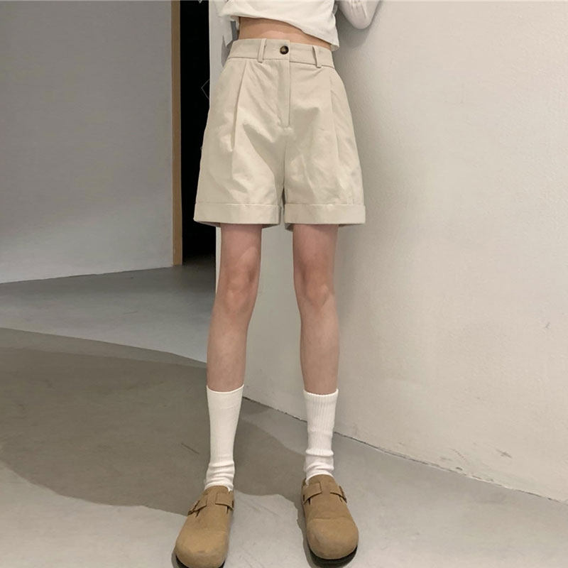 杏色牛仔短裤高腰a字夏显瘦宽松阔腿卷边工装浅色裤休闲五分裤子