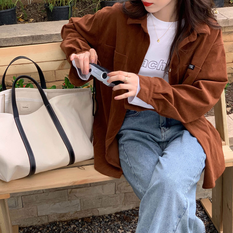 复古中长款灯芯绒外套焦糖色显瘦