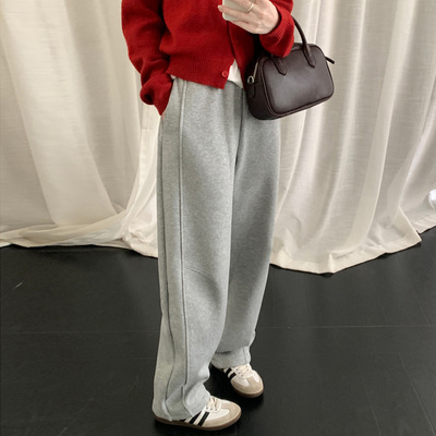 加绒加厚保暖深灰色休闲裤阔腿裤