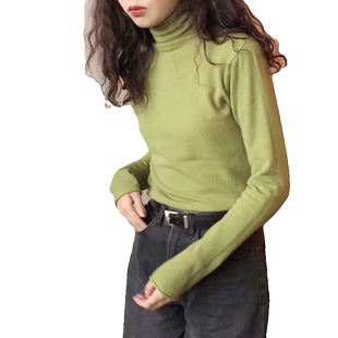 秋冬软糯高领牛油果绿色打底衫内搭针织衫芥末绿糖果色多巴胺穿搭
