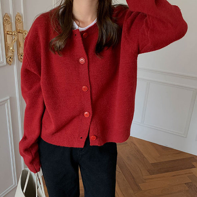 百思朵车厘子红毛衣开衫2021春季新款慵懒风学生宽松显瘦针织外套