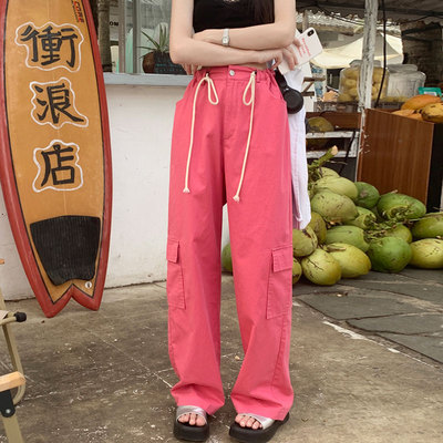 长裤直筒休闲裤工装阔腿裤玫红色