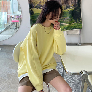 百思朵chic甜美显白奶油黄卫衣港味少女薄款慵懒风宽松鹅黄色上衣