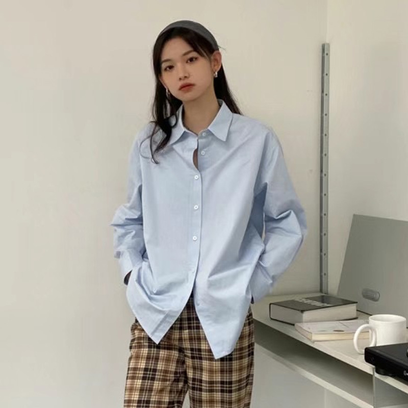 百思朵baby蓝宽松外搭长袖衬衫