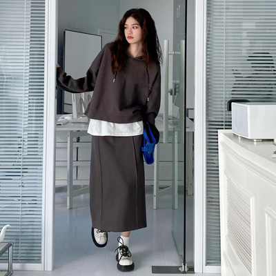 御姐秋时尚套装洋气深灰色连帽卫衣搭卫裙子长裙两件套女高级感