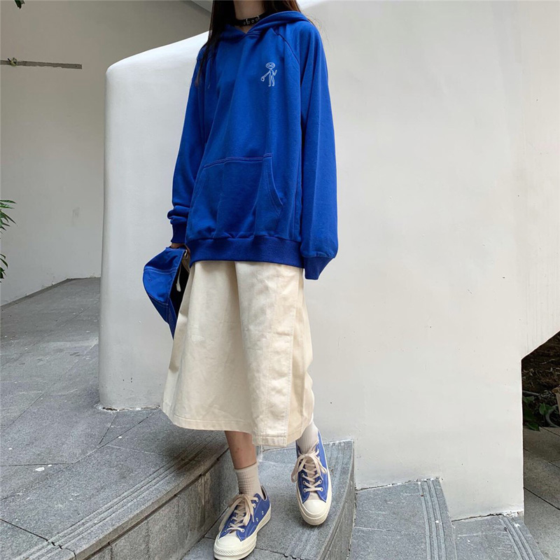 百思朵日系宝石蓝连帽上衣宽松卫衣配半身裙子套装显瘦长裙两件套