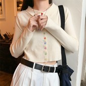 奶杏色针织衫 开衫 彩色纽扣修身 露脐薄款 外套 高腰泫雅上衣短款 春季