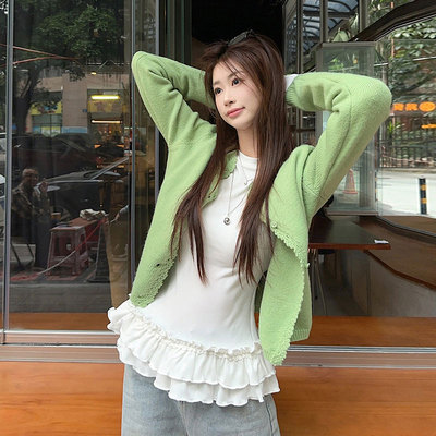 芥末绿色毛衣外套针织衫开衫外搭