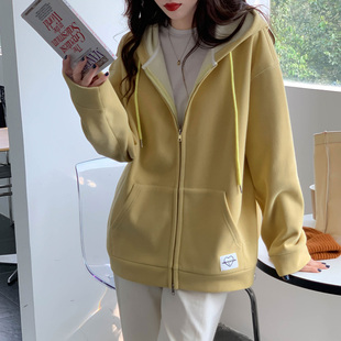 百思朵秋季鹅黄色开衫卫衣加绒拉链连帽小众2025新款淡黄色外套女